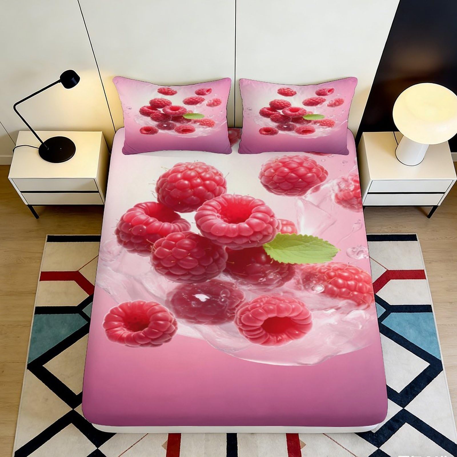 3D Printed Raspberry Pattern Fitted Sheet Microfiber Soft Breathable Pink Bed Cover with 3D Printed Raspberry Design Mattress Cover for Bedroom Dormitory Guest Room 180x200x25cm