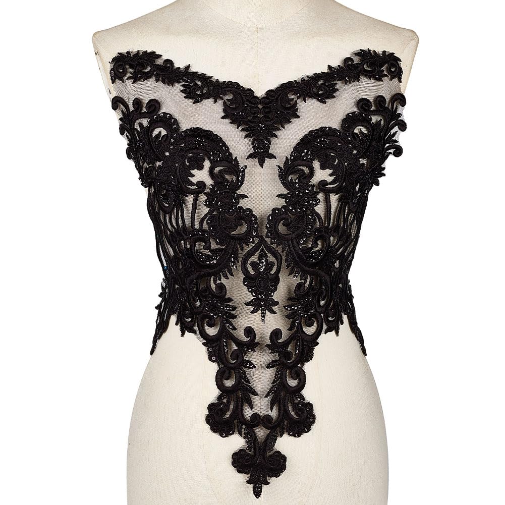 MAYJOYDIY Corpetto nero in pizzo applicazioni ricamate fiore pizzo patch vintage trim collare appliques cucito aggiunta per abiti da sera abiti da sposa abiti costumi progetti artigianali