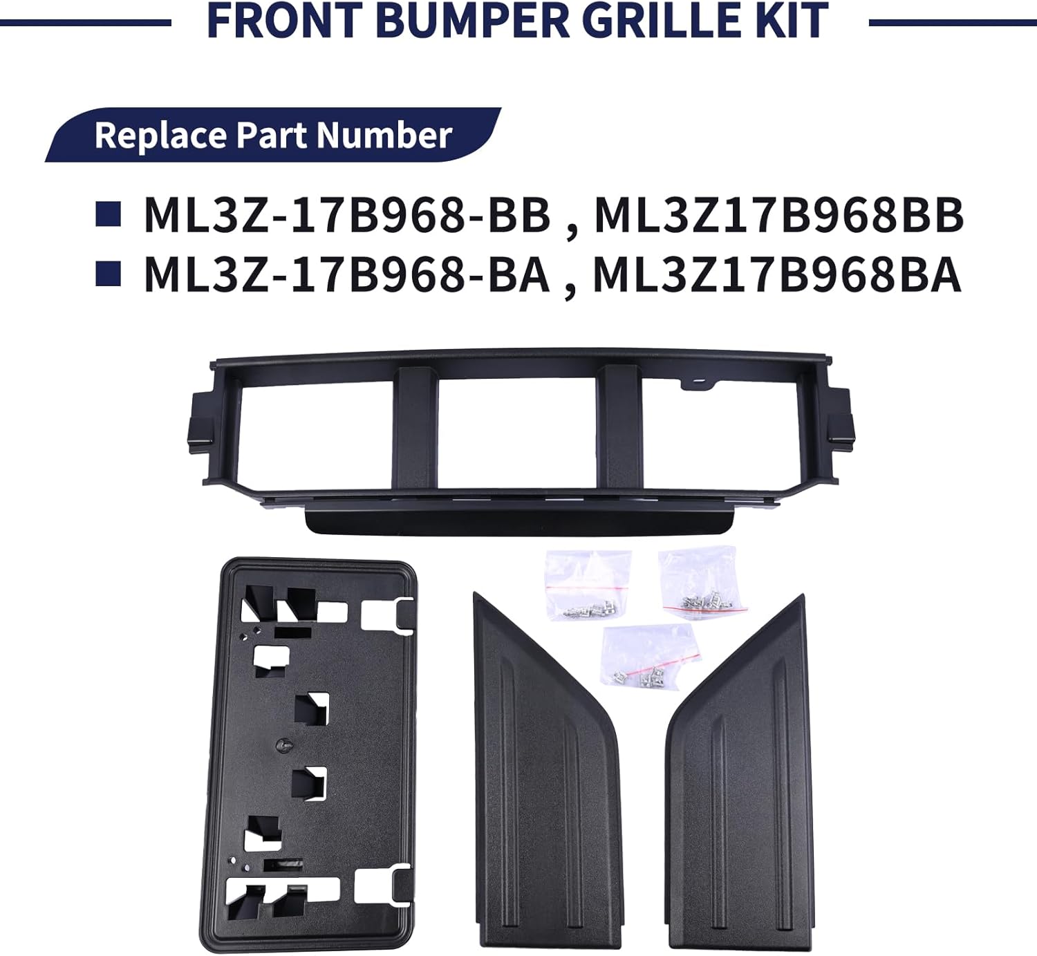 Front Bumper Grille W/Front Bumper Guards Pads & License Plate Frame Bracket Kit ML3Z17B968BB ML3Z17B968BA Compatible with Ford F-150 2021 2022 2023 Lower Center Cover Spacer Panel