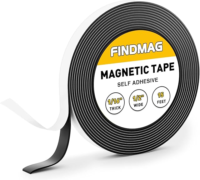 FINDMAG 4.5 m Magnetic Tape with Strong Self Adhesive Flexible Magnetic Strip Magnet Tape Roll Perfect for Craft and DIY Projects, whiteboards & Fridge Organization - 1/16" Thick x 1/2" Wide x 15 feet