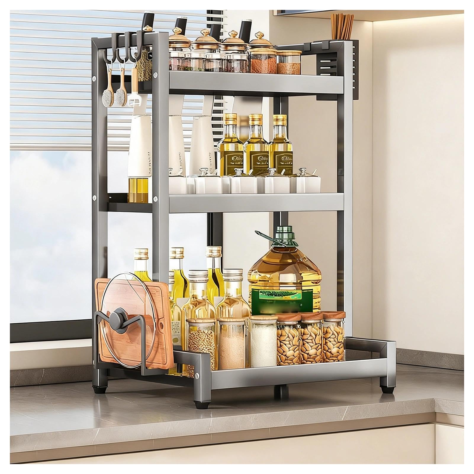 TIANQIHAO Stainless Steel Countertop Spice Rack Nizer, 2-Tier Metal Table Rack With Hooks And Knife Holder, Standing Large Nizer For Sugar, Salt, Pepper And Oil Bottles,Grey-3 Tier-11.8in