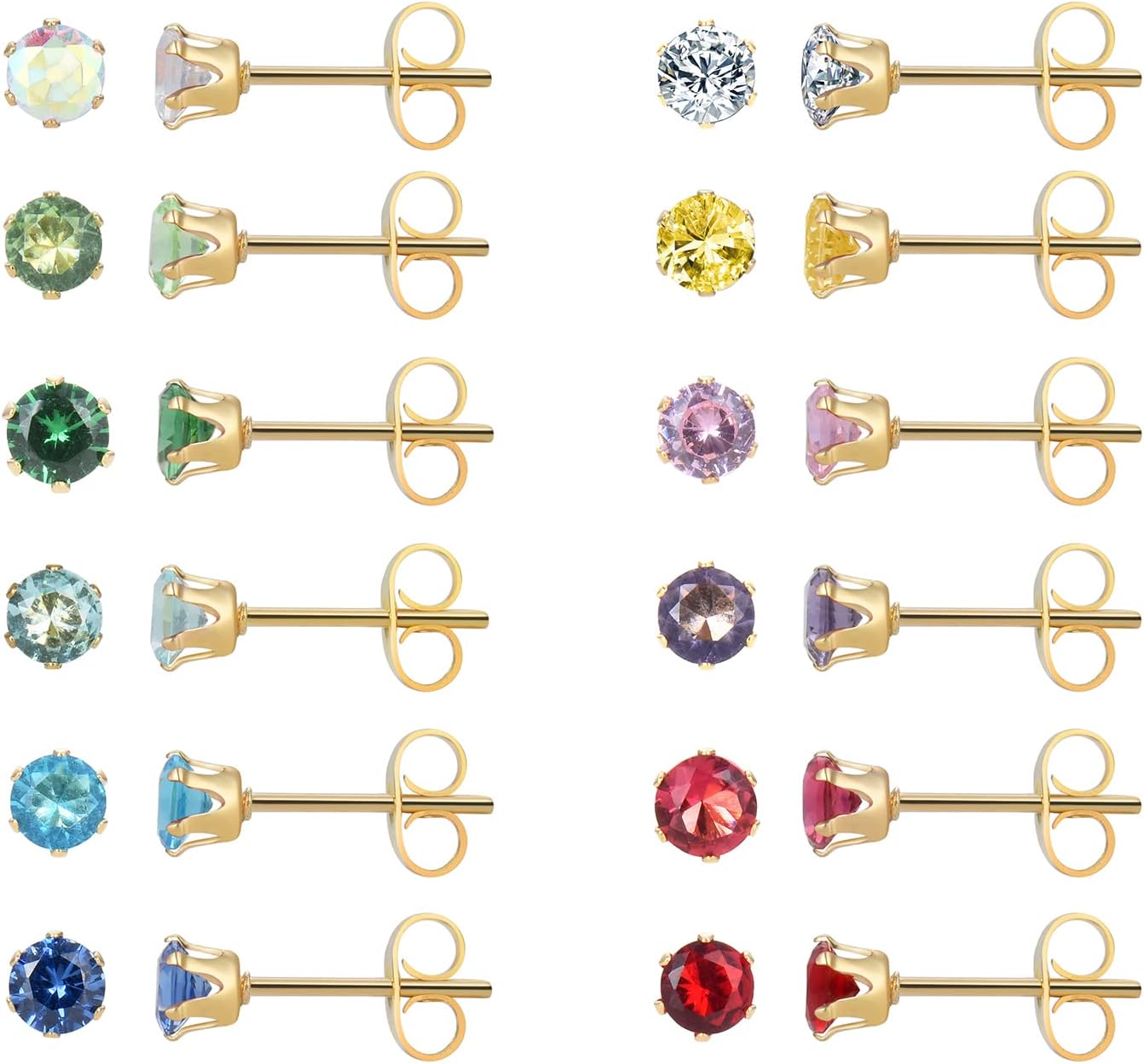12 Pairs 18K Gold Plated Surgical Stainless Steel Stud Earring Cubic Zirconia CZ Multicolor Birthstone Stud Earrings Set