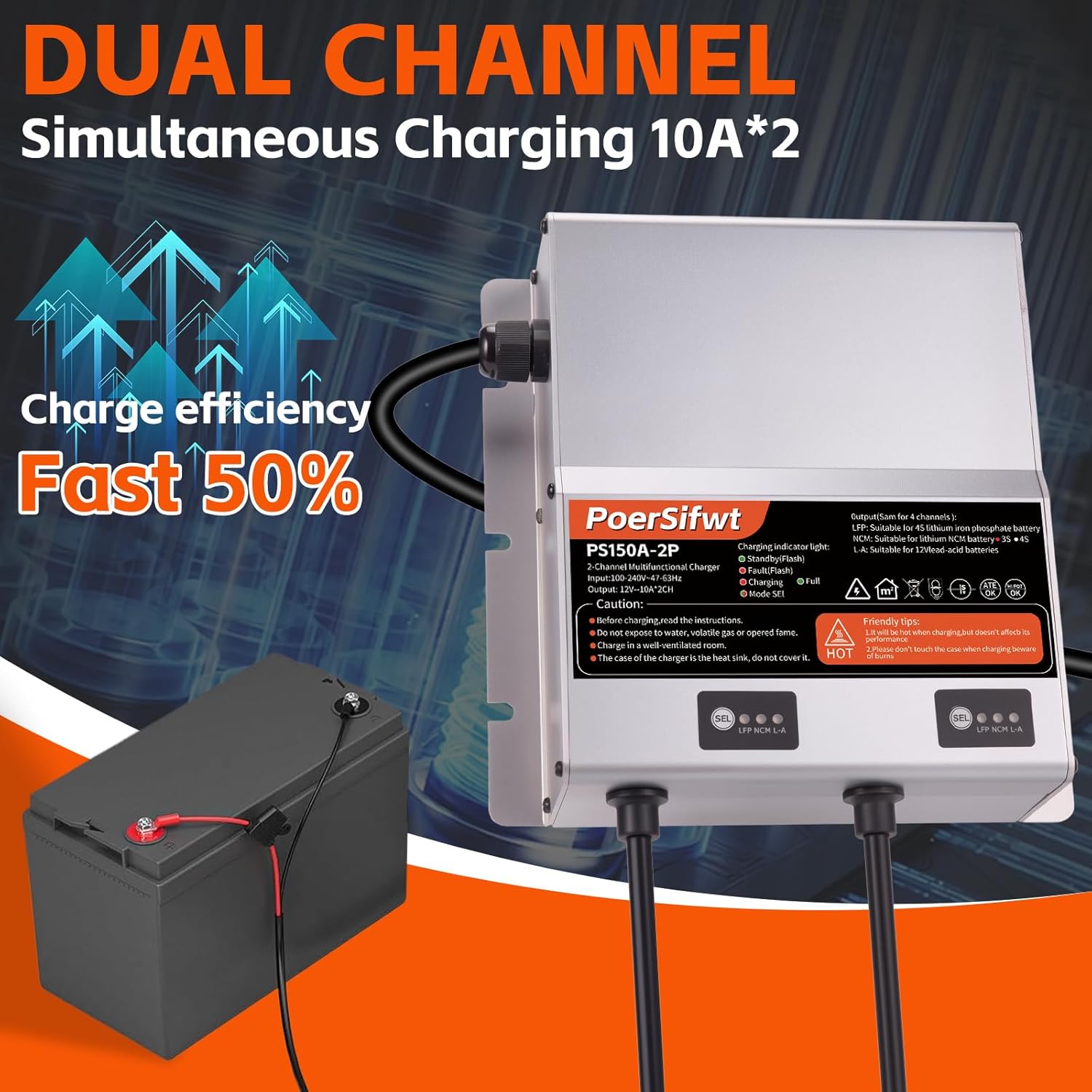 2 Bank 12V 10A Marine Battery Charger, Dual Output Smart Charger for LiFePO4, Lithium, Lead Acid Batteries, with 0V Start for Boat, RV, Trolling Motor, Lawn Mower