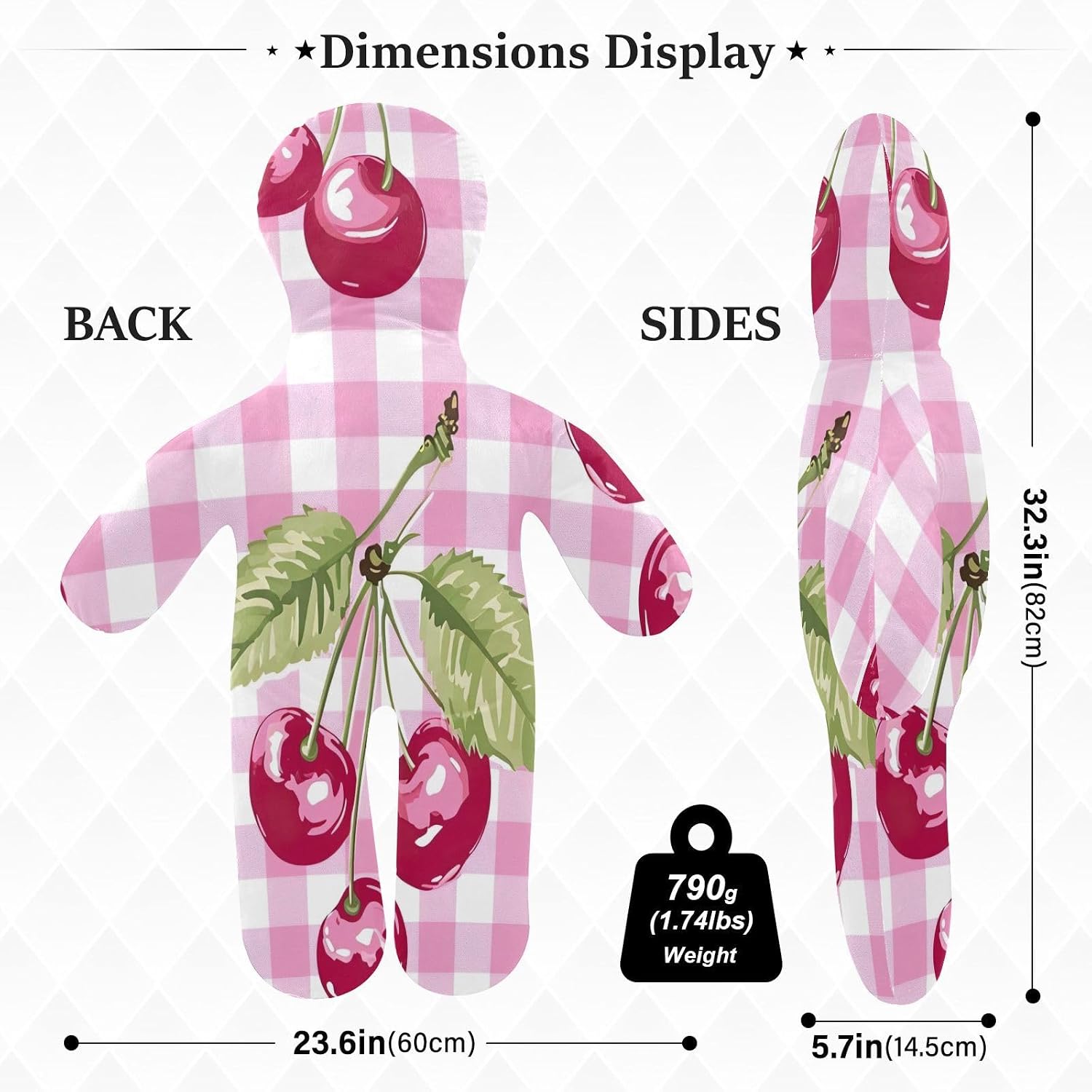 Cherries Pink Human-Shaped Pillow Soft Body Pillows Washable Velvet Pillows for Anxiety Relief Sleeping Cuddling & Support