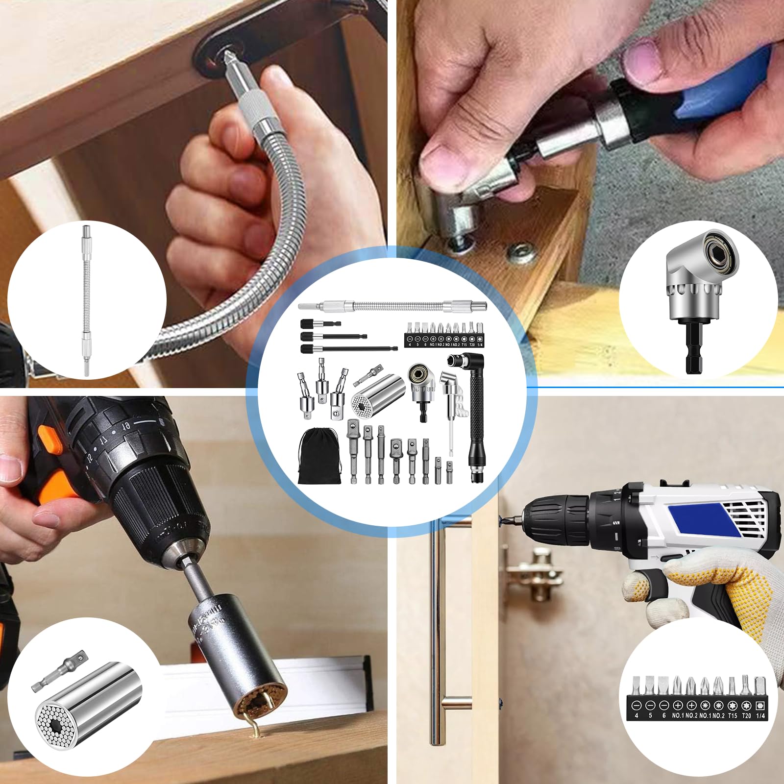 31 Pezzi Prolunga Flessibile per Punte da Trapano, Adattatore per Trapano ad Angolo Retto a 105 Gradi, 1/4" 3/8" 1/2" Adattatore Esagonale, Prolunga Flessibile Drill Bit Holder,Accessori Avvitatore