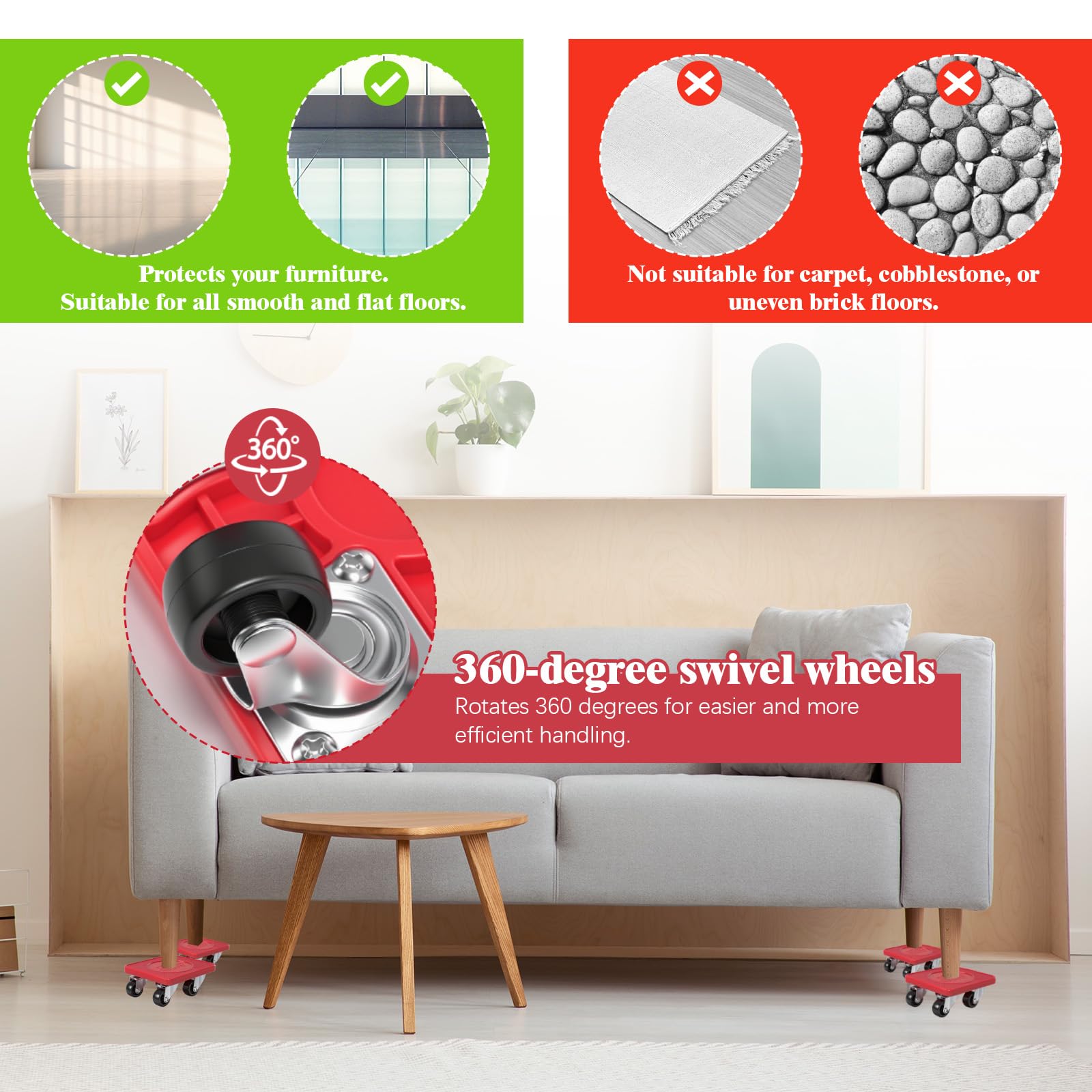5 Pièces Kit de Transport de Meubles, Kit de Deplace Meuble a Roulette, Leve Meuble, Rotation à 360°, Leve Meuble Lourd Élévateur pour Sofa Machine Laver Garde Robe Réfrigérateur