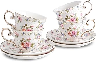 Agyiuns tea cups and saucers ceramic coffee mug 6oz for Coffee, Latte, Cafe Mocha and Tea-Set of 4, white with flowers