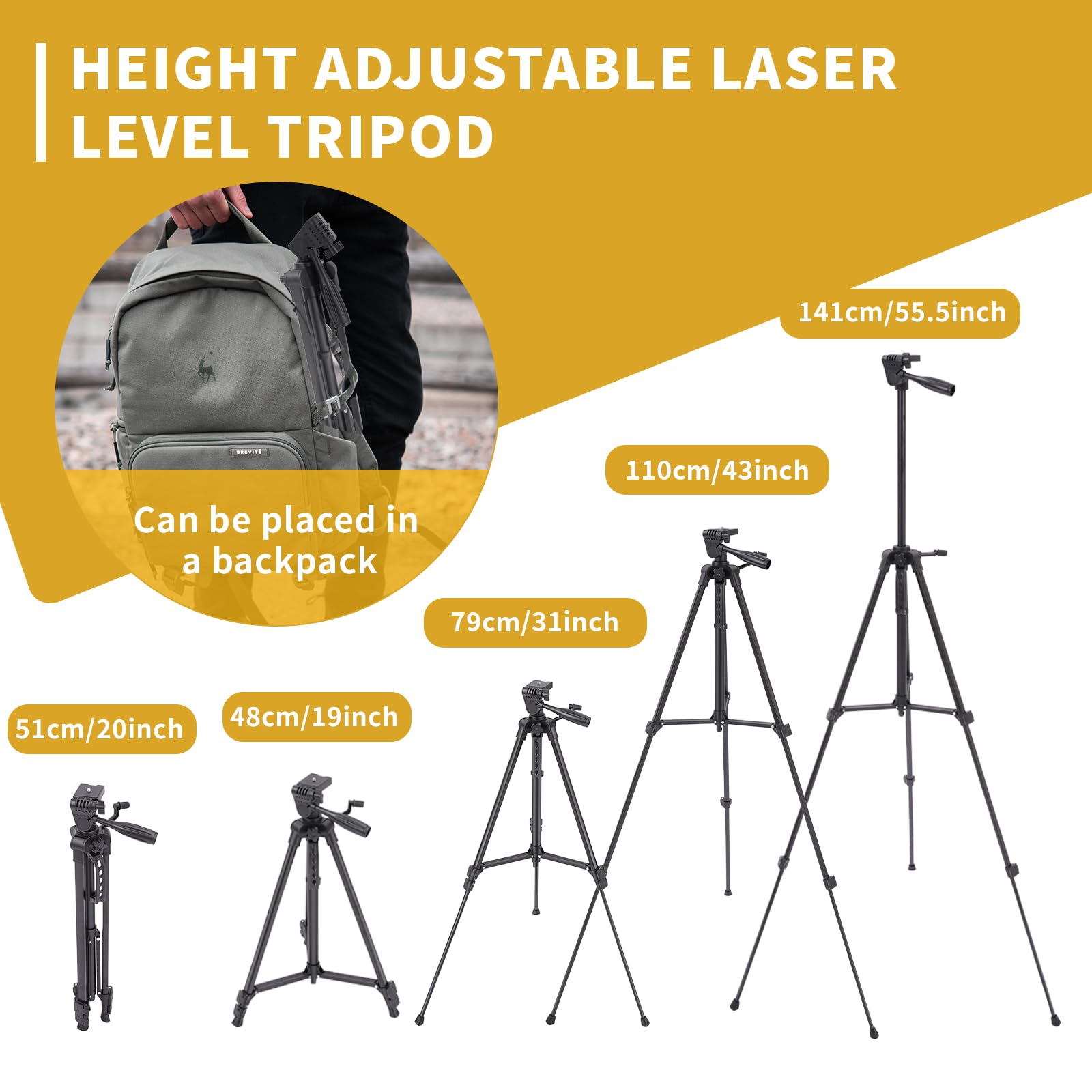 Soporte ajustable para trípode de nivel láser, 20 pulgadas de altura, montaje de rosca de 1/4"-20, ligero con pies no deslizantes, piernas plegables y bolsa de transporte