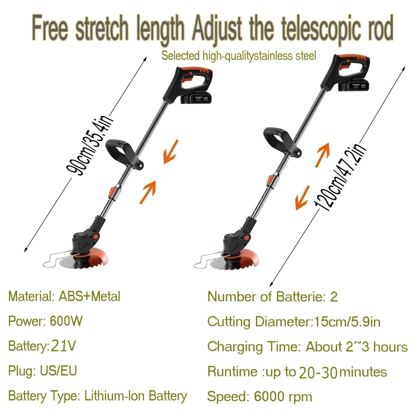 Désherbeur électrique sans fil léger avec 2 piles, 21 V, utilisé pour la pelouse, le jardin, la cour (noir)