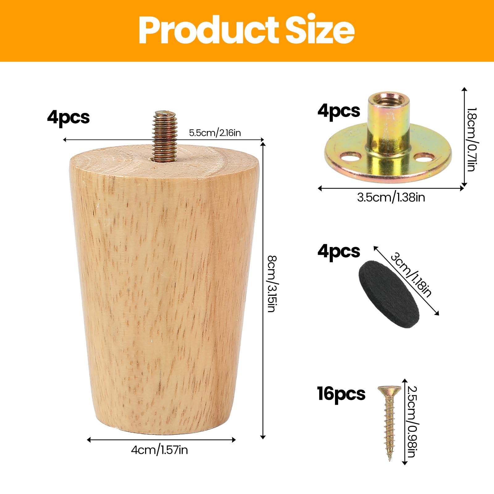 Luabue 3 inch Sofa Legs Set of 4 Wooden Furniture Legs 8cm Solid Wood Ottoman Leg Cabinet Feet Couch Leg Sofa Feet Replacement with Anti-Slip Floor Protection Pad & Screws for Couch TV Stand - Image 2