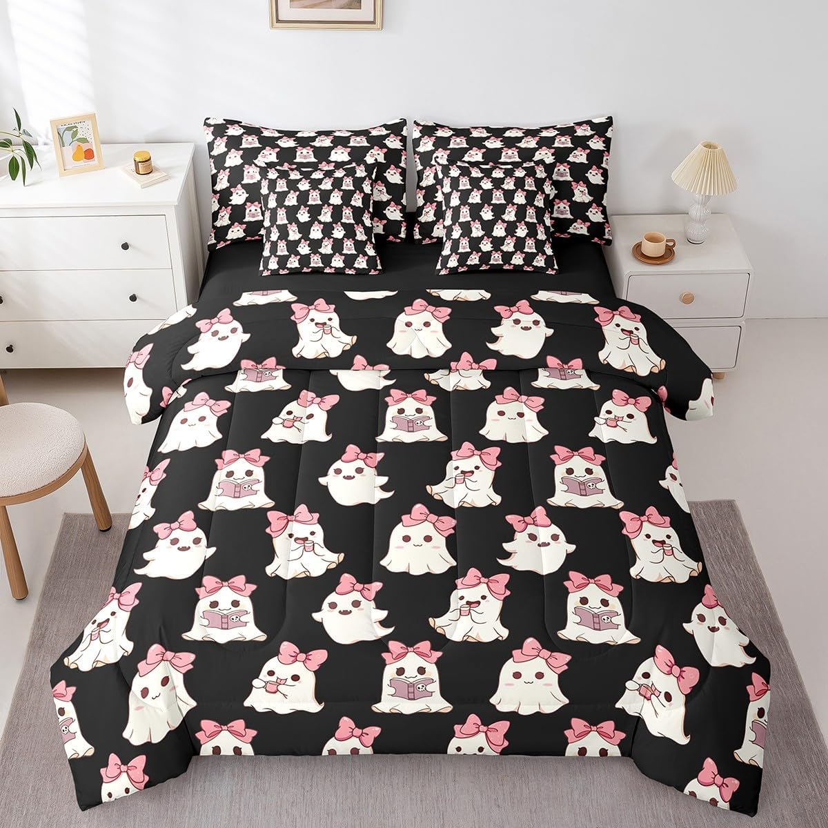 jejeloiu Cute Ghost Comforter Set Queen Size 7 Pieces Pink Bowknot Bedding Set Kawaii Cartoon Ghost Book Book Black Halloween Theme Bed in a Bag with Comforter, Sheets, Pillowcases & Cushion Cover