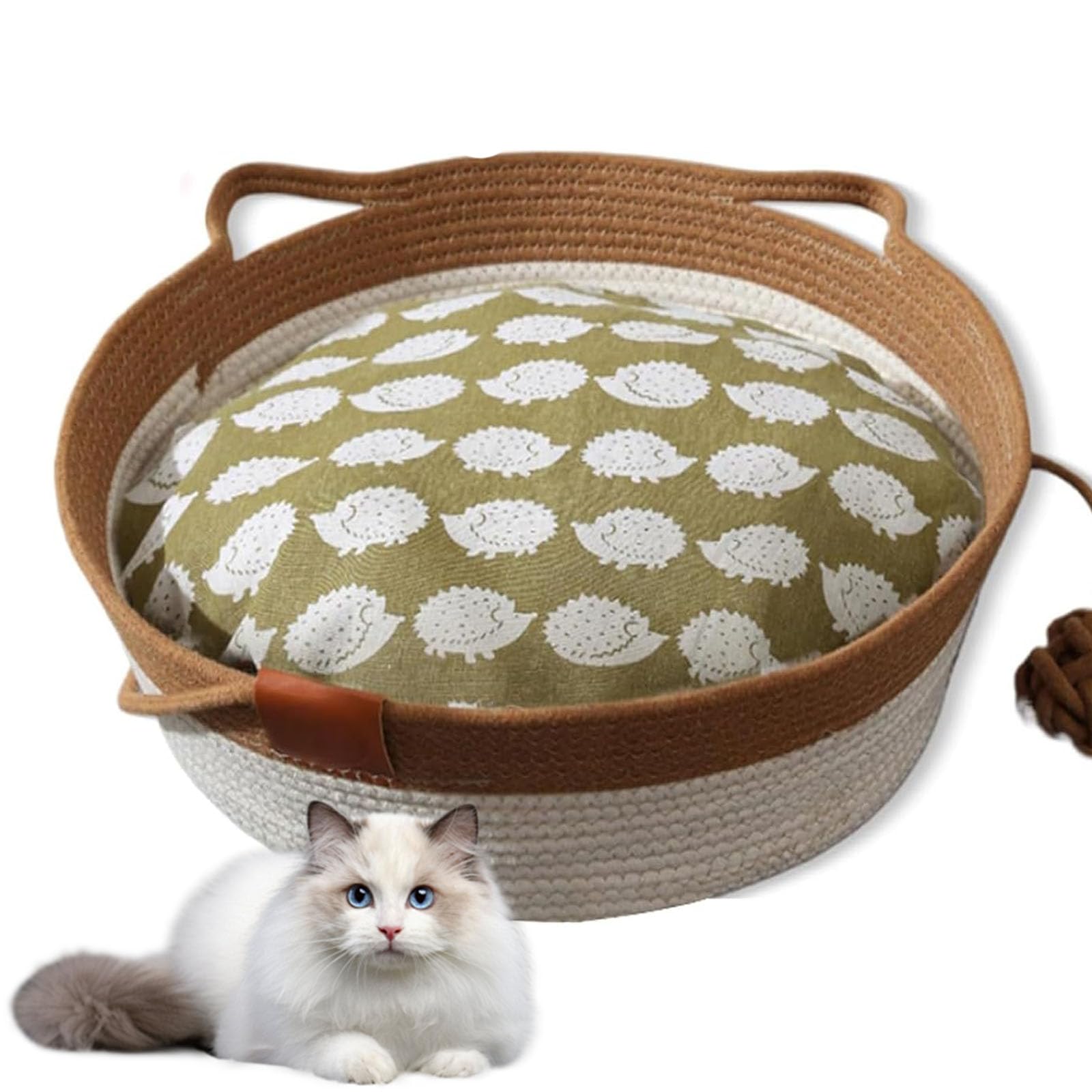 2026 NEW Cotton Woven Cat Bed Basket with Playing Rope Ball, Woven Rope Bed Four Seasons Universal for Living Room Furniture Protection (Khaki(with cushion),13 in)