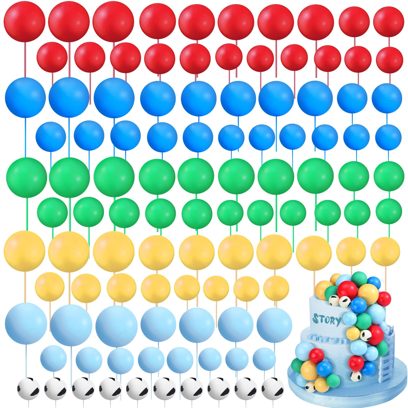 Photo 1 of 108 Pcs Balls Cake Topper DIY Cupcake Insert Foam Balloons for Cake Baking Wedding Anniversary Birthday Decoration(Green,Blue,Yellow,Red,Cow Color,Multi Sizes)