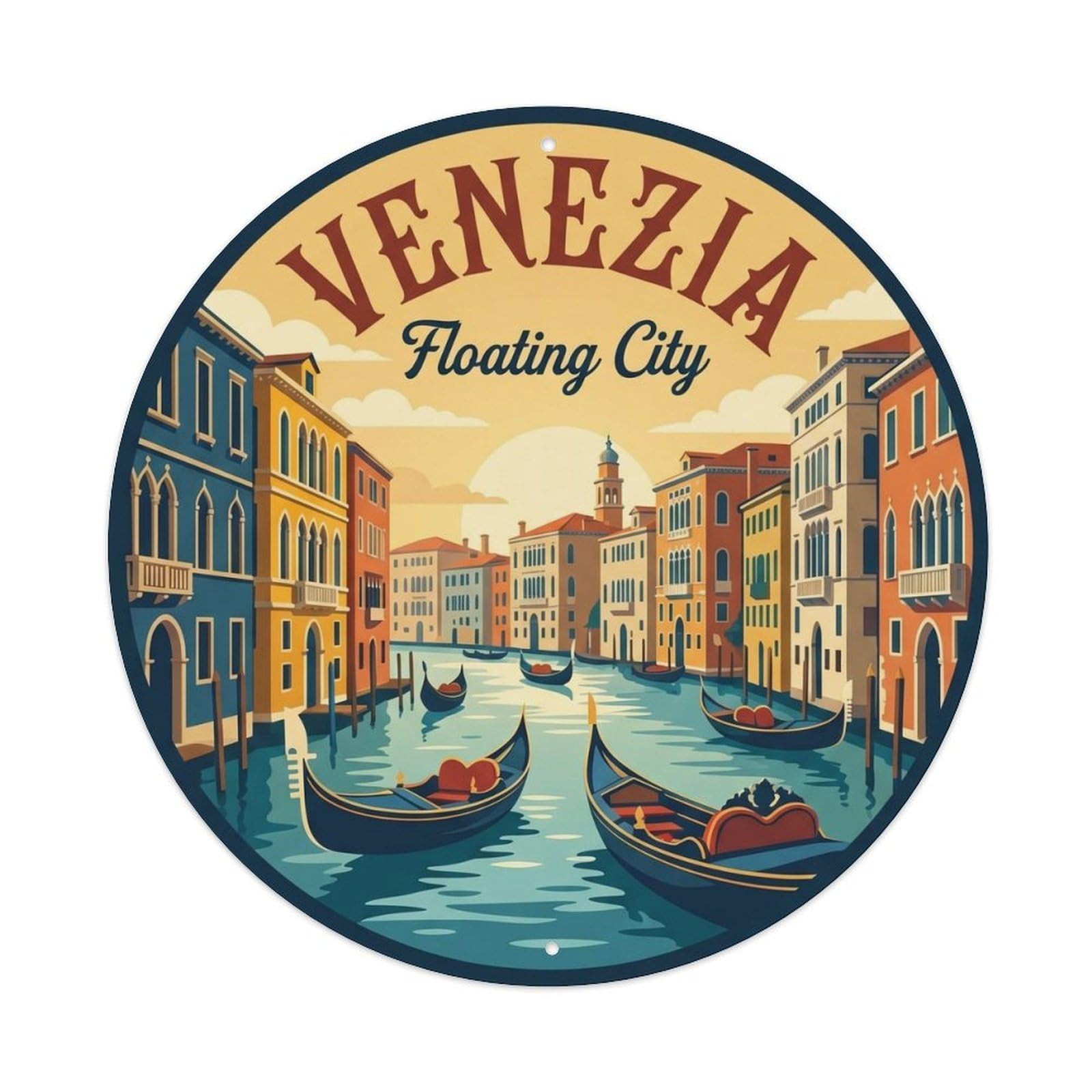 Vintage Travel Venice Gondola Waterway Metal Tin Sign Plaque Wall Decor for Cafe, Club, Garden Round Metal Poster 8x8Inch