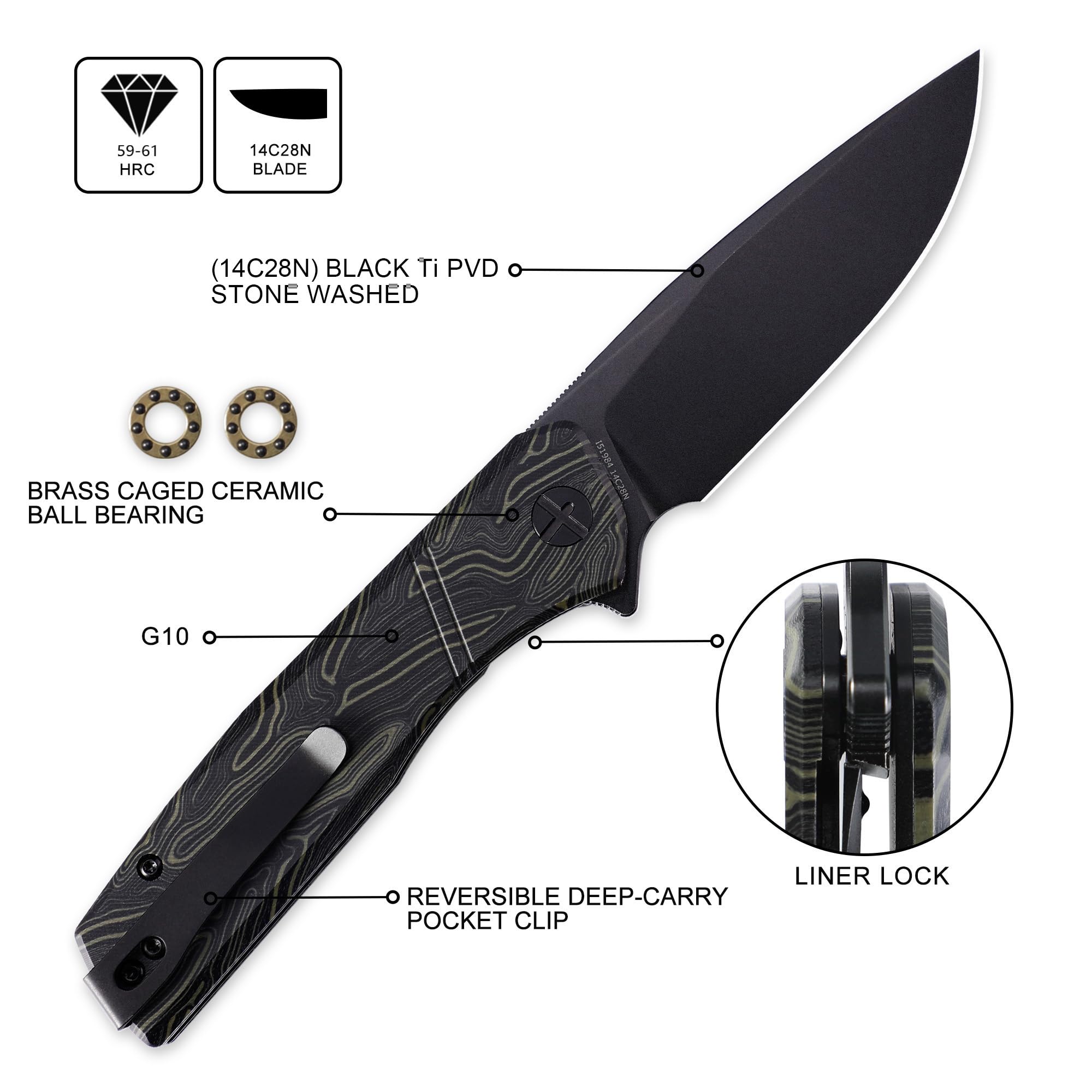 IOI Task Force I51984 Tactical Pocket Knife for Men – 14C28N Black Titanium PVD Folding Blade, Green Gmascus G10 Handle, EDC Knife with Clip, Enhanced Custom LeftSide Clip for Everyday Carry, Camping