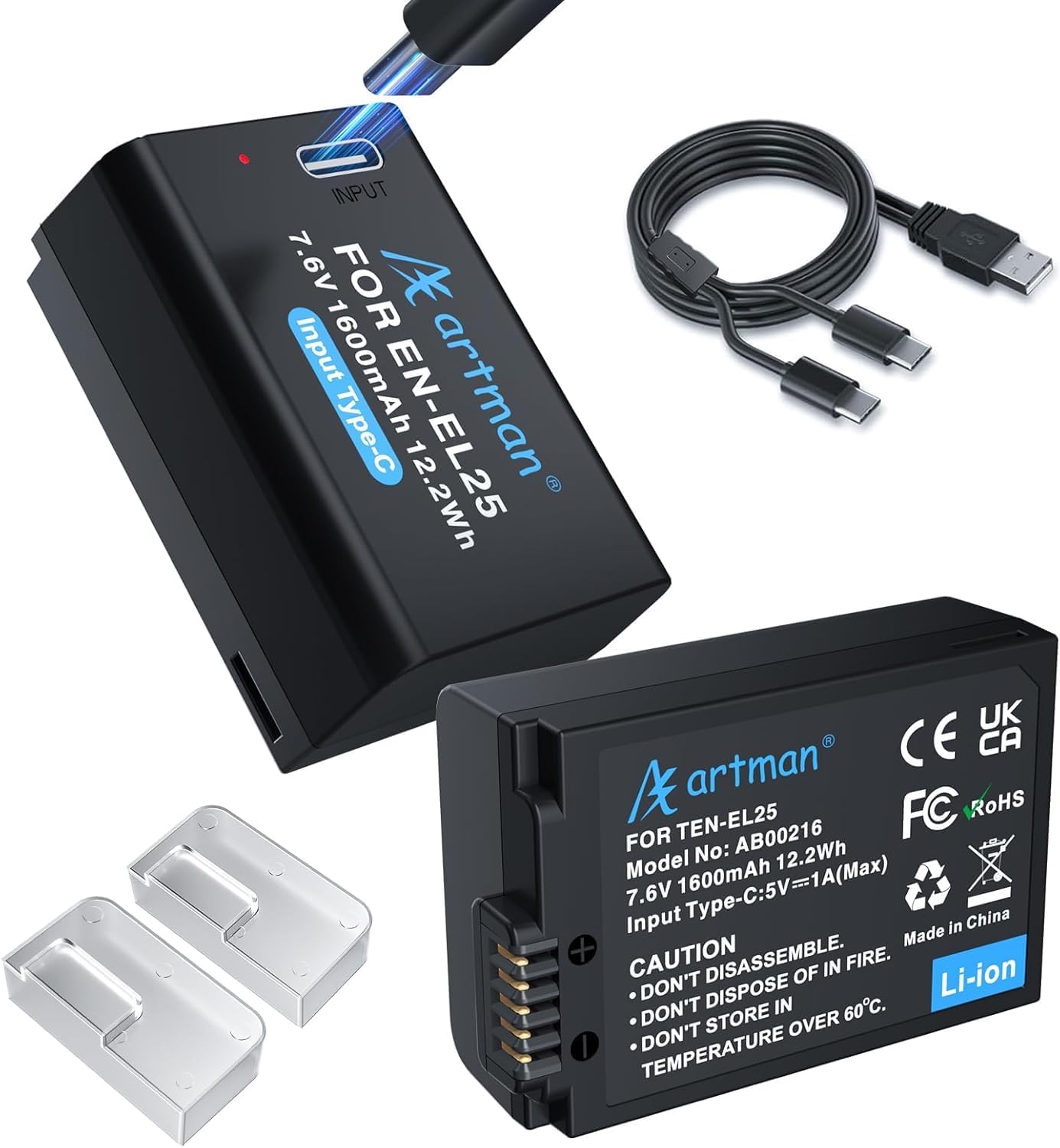 Artman EN-EL25 EN-EL25A Battery 1600mAh 2-Pack with USB-C Fast Charging Cable Compatible with Nikon Z50 ii Z50 Z30 ZFC Camera,Fully Decoded 4241 EN-EL25a Battery MH-32 Charger