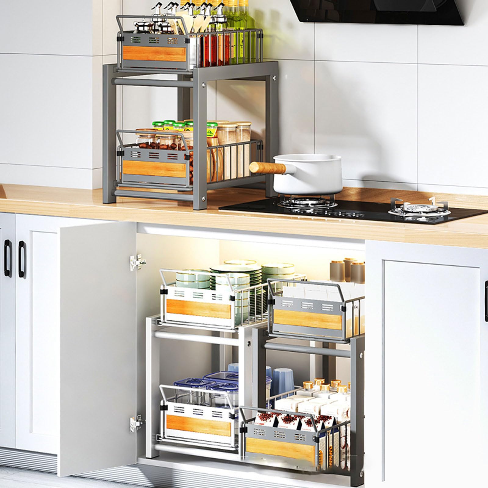 Organizador Bajo Fregadero,Organizador Bajo Fregadero Deslizable,Encimera Organizador Multiuso,Estante de Armario de Cocina o Baño de 2 Niveles,para Especias,Condimentos,Jabones,Frascos
