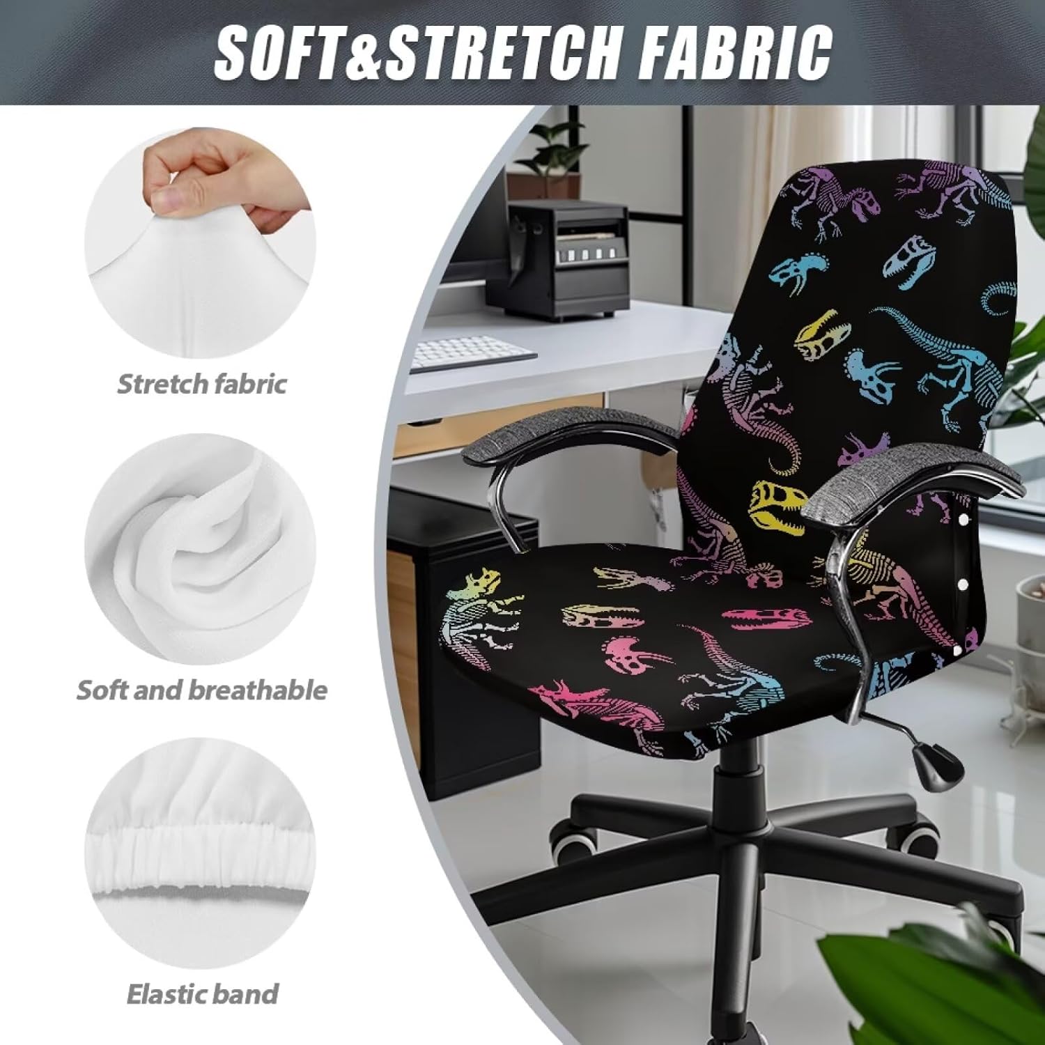 Colorful Dinosaur Bones Print Computer Office Chair Cover, Stretchable Seat Cover Washable Rotating Chair Protective Slipcover Non Slip Office Chair Cover for Swivel Chair-L