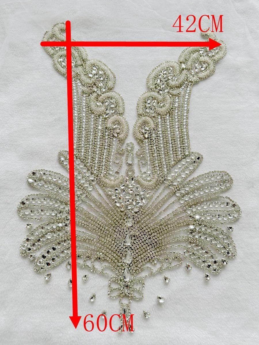 100% Handmade Rhinestones Applique on White net sew on Beads Crystal Patches Accessory for Dress Clothes (Silver 2)