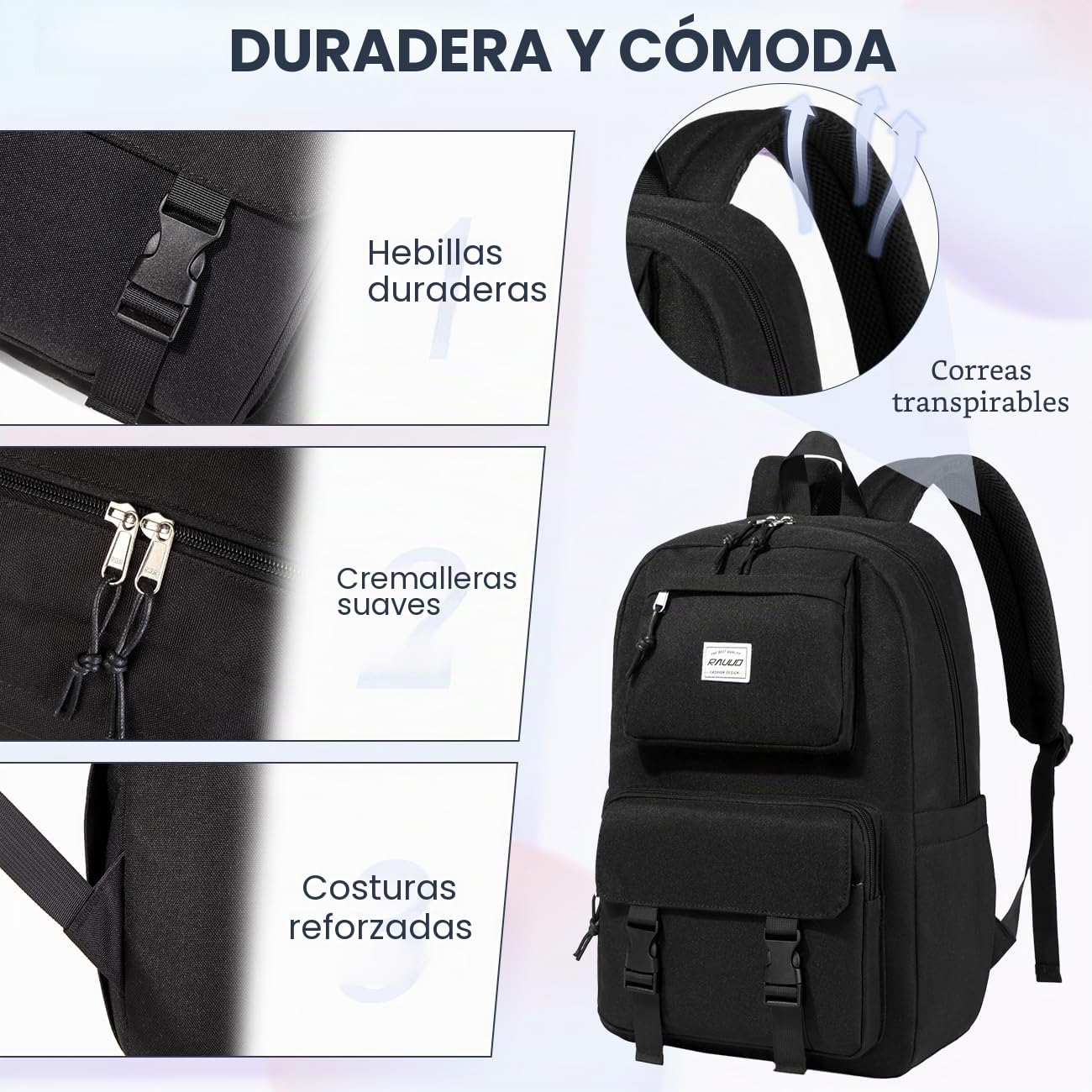 RAVUO Mochila Escolar Adolescente, Casual para Hombre y Mujer Impermeable Instituto Chica Chico Ligera Portatil 15.6 Pulgadas