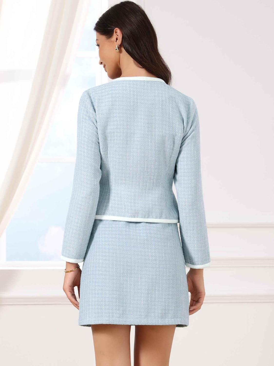 Allegra K Business Suit Set for Women's 2 Piece Outfits Plaid Tweed Easter Short Blazer Jacket and Skirt Sets