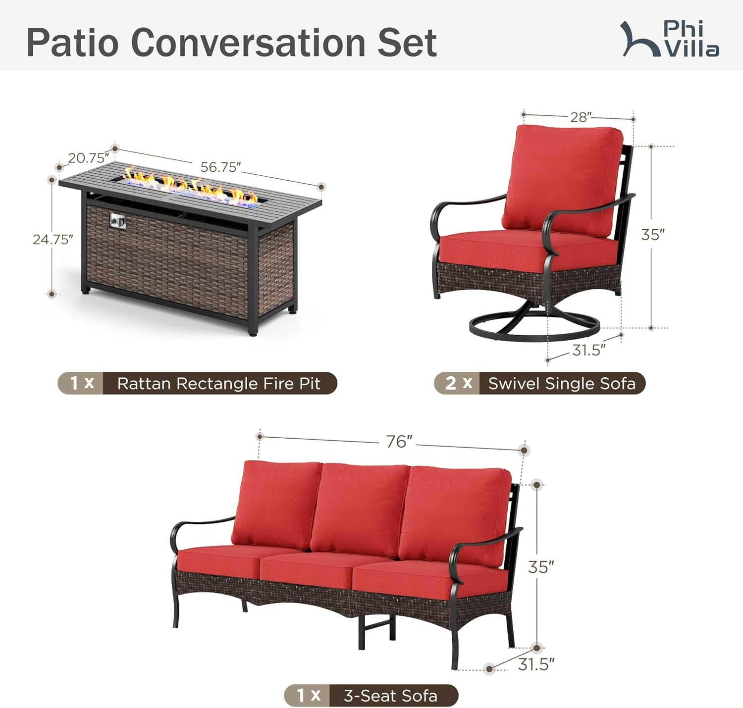 PHI VILLA Patio Furniture Set with 56" Fire Pit Table, Premium Outdoor Wicker Metal Frame Furniture with Upgraded Waterproof Thick Cushions for Porch, Poolside, Deck, and Yard （4 Pieces,Red
