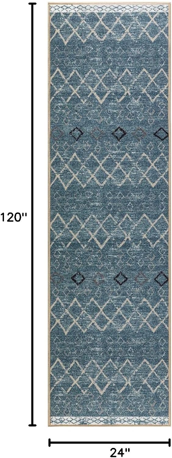 Antep Rugs Alfombras Non-Skid (Non-Slip) 2x10 Rubber Back Bohemian Distressed Moroccan Boho Low Pile Profile Indoor Runner Rug (Blue, 2' x 10')