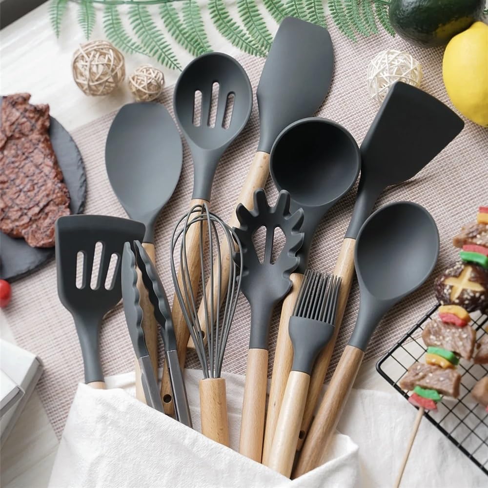 Set di utensili da cucina antiaderenti in silicone, 12 pezzi, spatola, pala, frusta per uova, manico in legno, set di utensili da cucina (nero, 12 pezzi)
