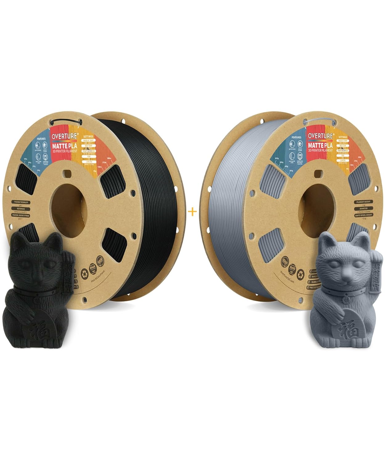 OVERTURE 3D Printer Filament 2kg, Matte PLA Filament Fit Most FDM 3D Printers, 1kg per Spool, Pack of 2, Matte PLA Matte Black+Matte PLA Matte Light Gray
