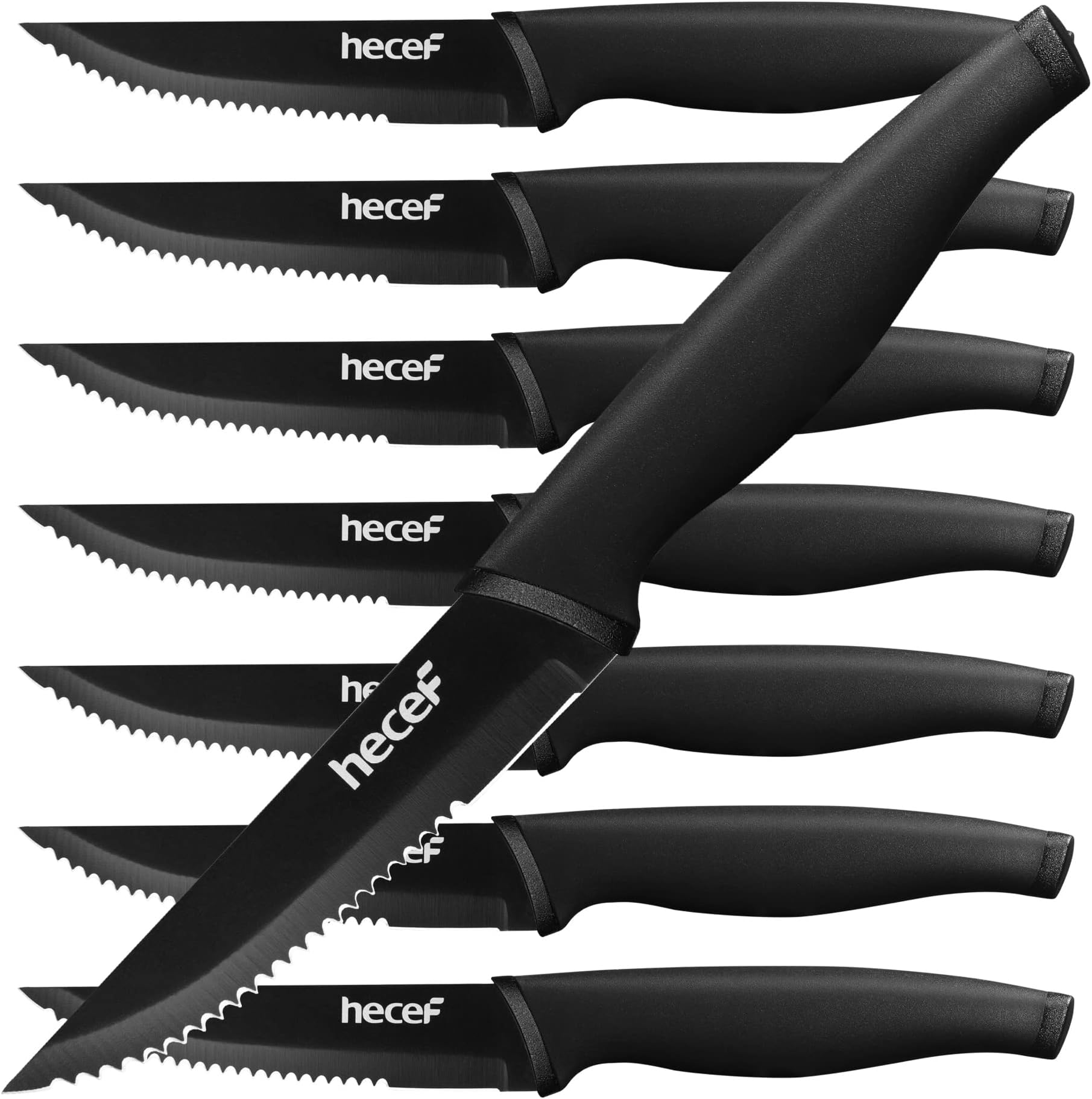 hecef Steak Knives Set of 8, Serrated Sharp Blade Black