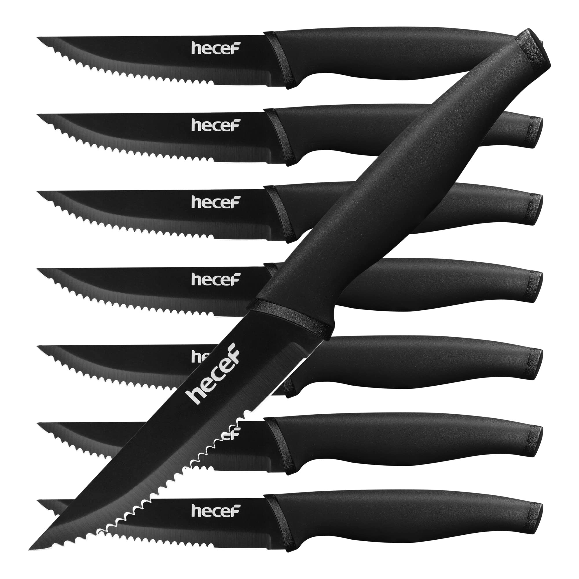 hecefSteak Knives Set of 8, Serrated Sharp Blade Black Oxide Steak Knives, Stainless Steel Flatware Steak Knives Set for Kitchen and Dinner Table
