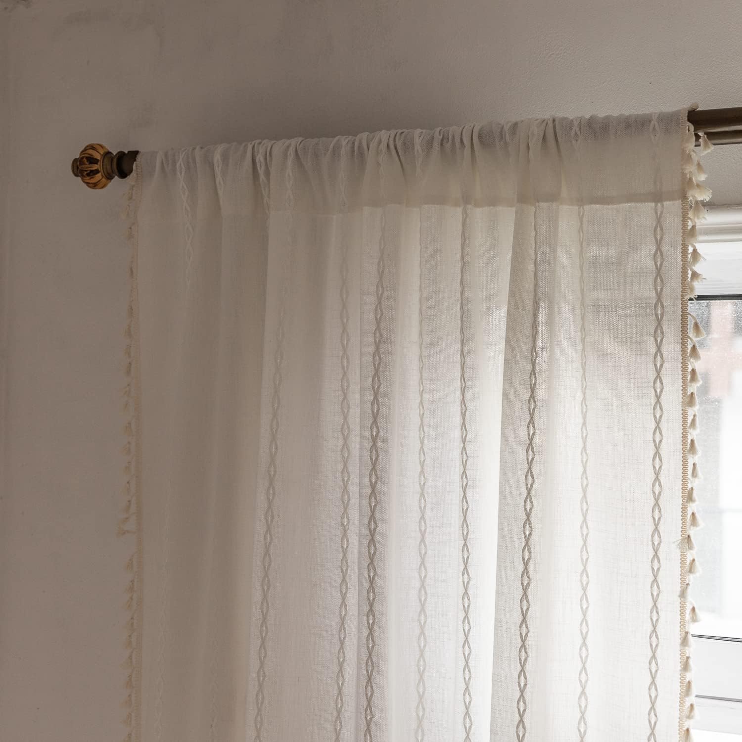 Deeprove White Boho Curtains 72 inches Long with Tassel for Room Divider Doorway, Bohemian Moroccan Sheer Embroidery Rustic Farmhouse Cotton Linen French Country Window Drape, W52 x L72, 1 Panel