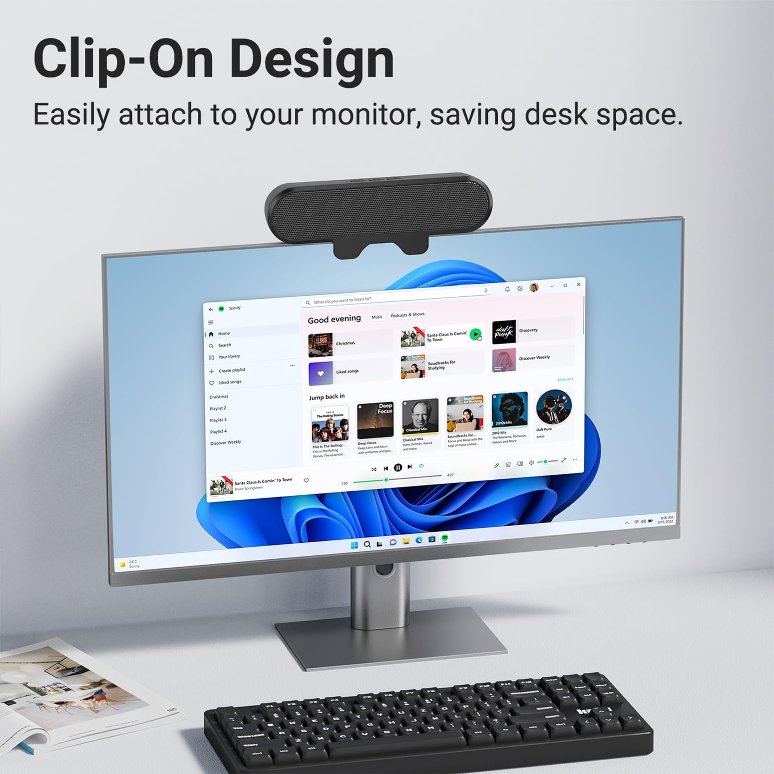 INGA Głośniki do komputera stacjonarnego, głośnik USB do monitora z klipsem, głośniki biurkowe z mocnym dźwiękiem stereo HD, Mini Soundbar do laptopa, łatwy montaż na monitorze