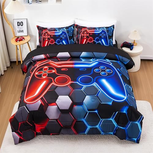 Miniatura 10 de NTBED Juego de edredón de consola de videojuegos para niños y niñas, juegos de ropa de cama de microfibra ligera con diseño geométrico de Multicolor
