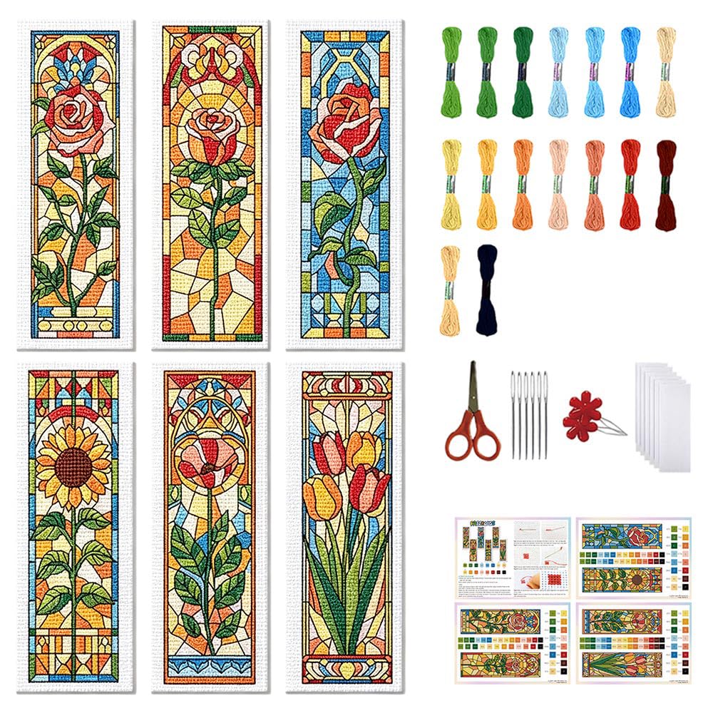 FREEBLOSS 6 Set Cross Stitch Bookmark Kit Stamped Cross Stitch Kit Colored Glass Flowers Pattern Embroidery Set with Instruction for Adults 8''*2.4''