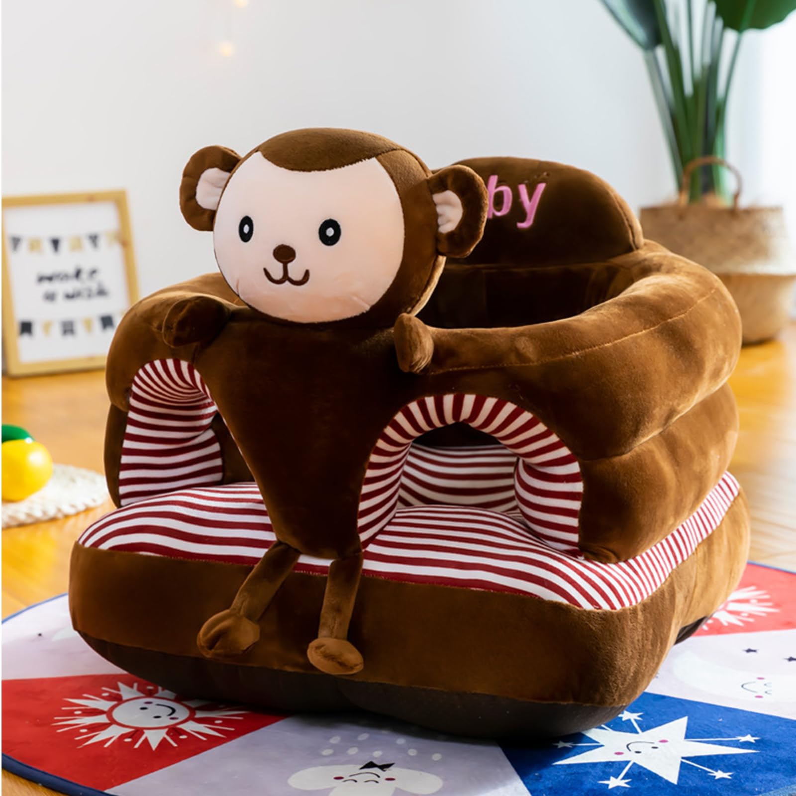 HEVOY Baby Seat for 3-24 Month, Infant Back Support Floor Chair, Plush Cartoon Animals Baby Sofa, Toddler Floor Seater for Sitting Up, Portable Activity Seat for Babies (Monkey)