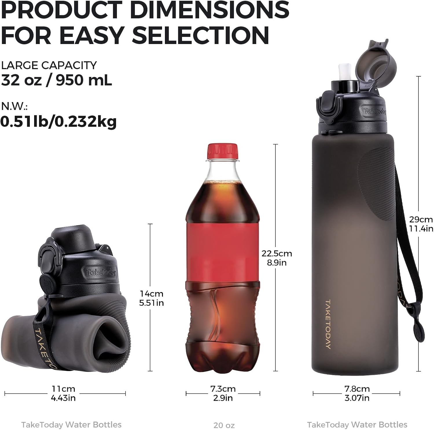 TakeToday Collapsible Water Bottles 32oz, Foldable Travel Bottle, TSA-Approved Leakproof Newly Silicone Water Bottle for Hiking, Travel, Outdoors, Black