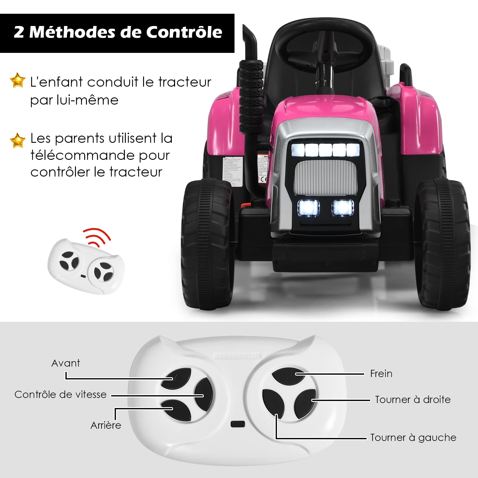 DREAMADE Tracteur Électrique Enfant 3+ Ans avec Remorque Tractopelle 12V Enfant Charge 30KG Tracteur à Pédales avec Télécommande&Musique&Lumières LED&Klaxon (Rose)