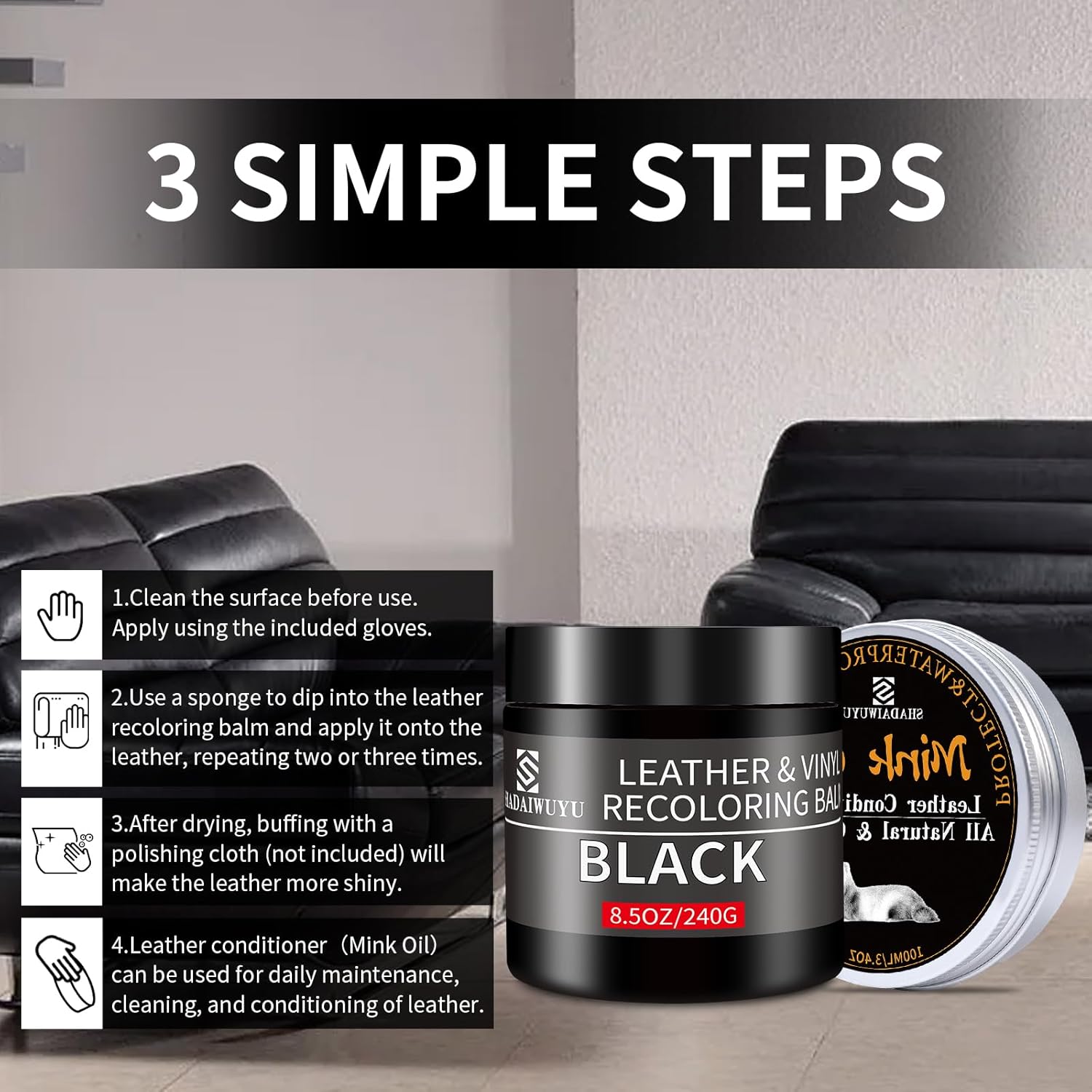 8.5oz Leather Recoloring Balm with 100ml Mink Oil,Black Leather Repair kit for Furniture and Car Interior,Leather Couch Scratch Repair,Leather Dye Paint,Mink Oil for Leather - Image 4