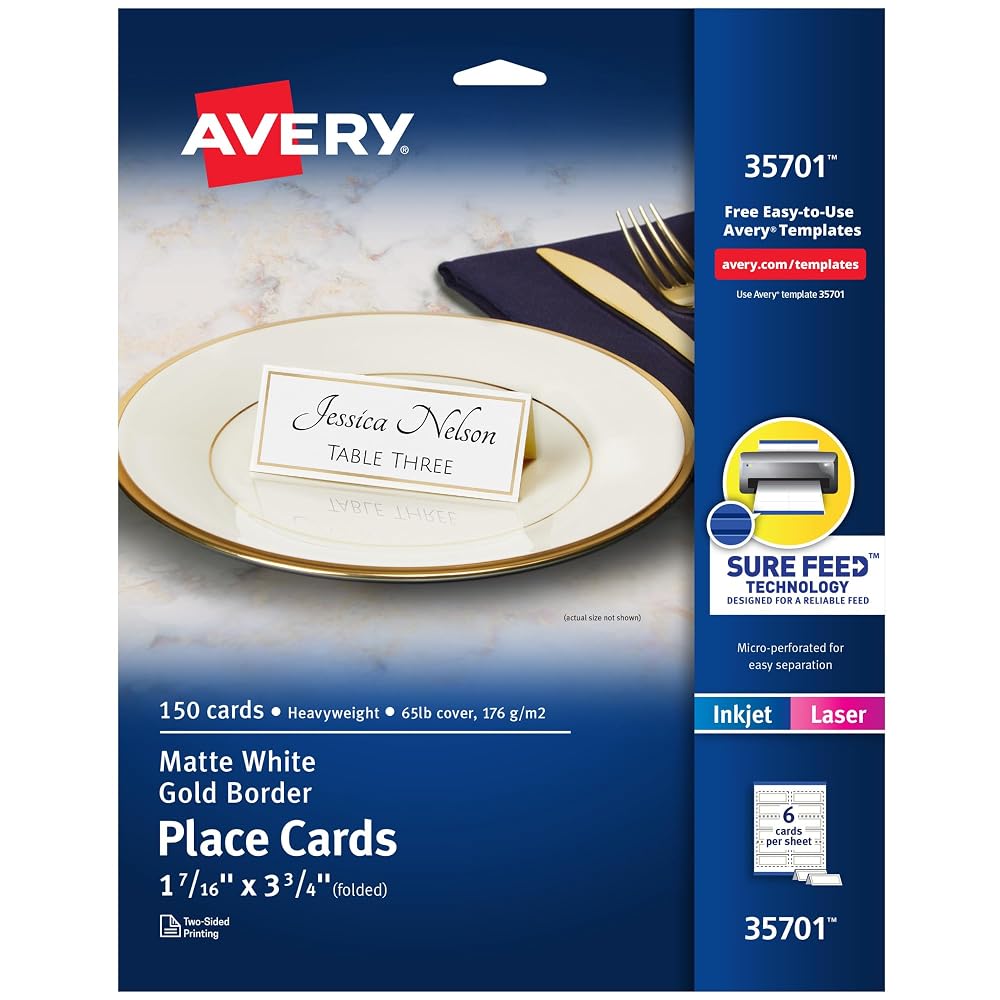 Avery® Printable Place Cards with Sure Feed Technology, 1-7/16" x 3-3/4", White with Gold Border, Pack of 150 Cards