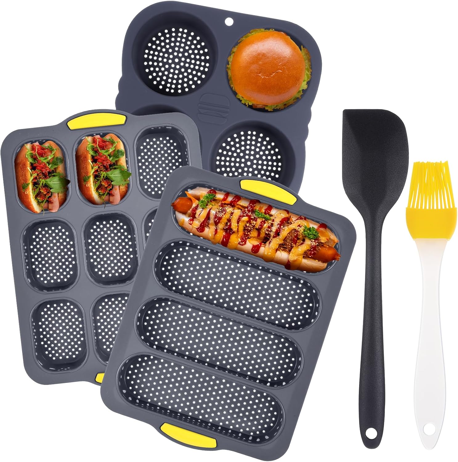 EupHHonycs Set of 5 Silicone Hamburger Bun Mold 4/6/9 Cup Silicone Baguette Pan and Hamburger Bun Pan Set with Spatula Brush Non-stick French Bread Baking Mold for Homemade Bread Loaf Sandwich