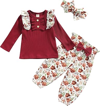 Amazon.com: Conjunto de 3 piezas para niñas pequeñas, blusa con volantes y  pantalones con estampado de flores y diadema para primavera y otoño : Ropa,  Zapatos y Joyería