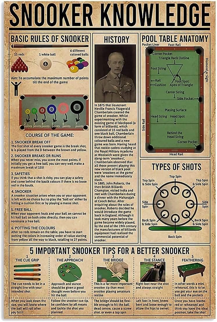 rayprint Snooker Knowledge Metal Tin Signs Room Decor Billiards Basic Guide Posters Club Home Wall Decor Printed Plaquees 8x12inch