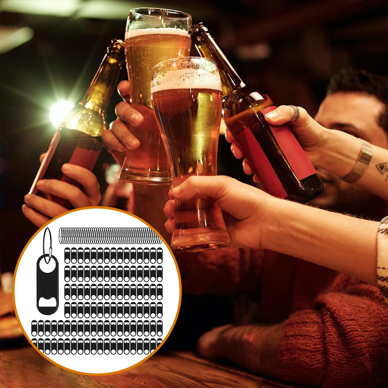 Paquete de 100 abrebotellas de cerveza plano, abridor de botellas plano de acero inoxidable de 3.5 pulgadas con llavero, mini abrebotellas de cerveza, llavero para camarero, cocina, bar,