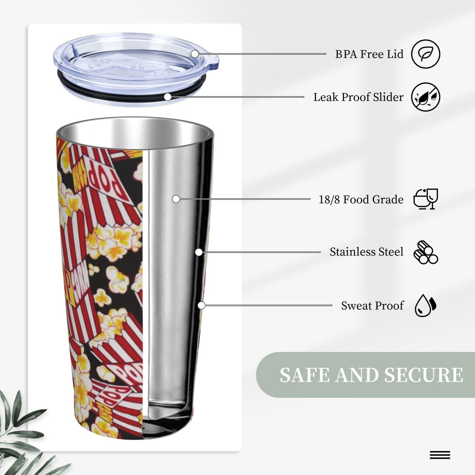 Bedruckter Edelstahlbecher mit Popcorn-Aufdruck, Auto-Becher, tragbarer Thermobecher