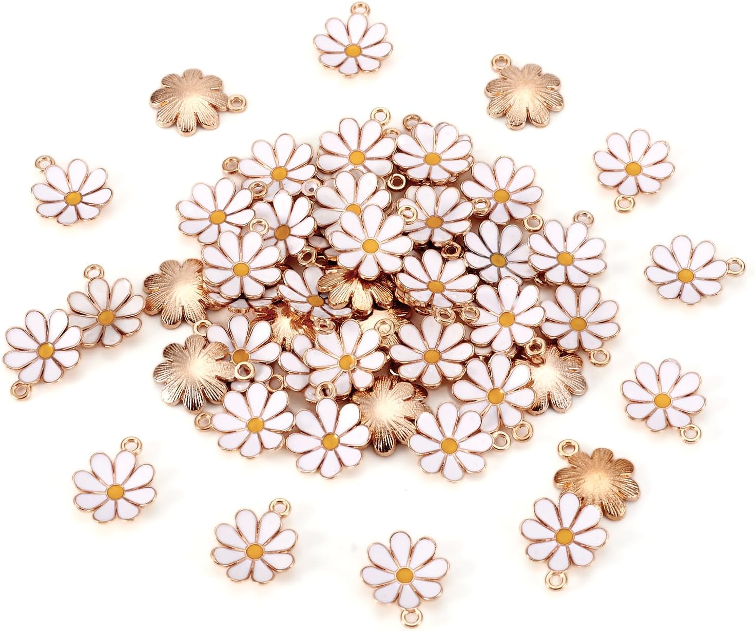 Beadthoven 100pcs Enamel Charms Cherry Blossom Daisy Flower Pendants Gold Plated Small Cute Bulk for Jewelry Making Bracelet Necklace Earrings Keychain DIY Accessories
