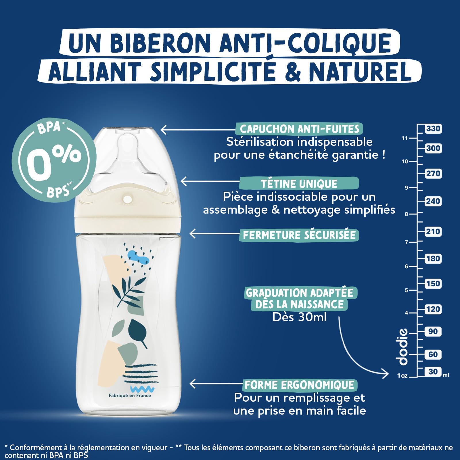 DODIE Lot de 4 Biberons Naissance, anti-colique, Tetine Multi-Perforée (2x150mL et 2x270mL), une sucette naissance, Terracotta