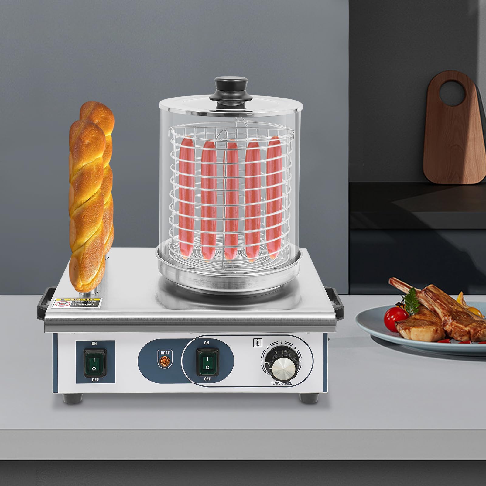 Hot Dog Maker, chauffe-saucisses, 3 brochettes chauffantes, régulateur de température 0 ~ 85 °C, cage en acier inoxydable : Ø 16 cm, boîtier en acier inoxydable, cuiseur à saucisses