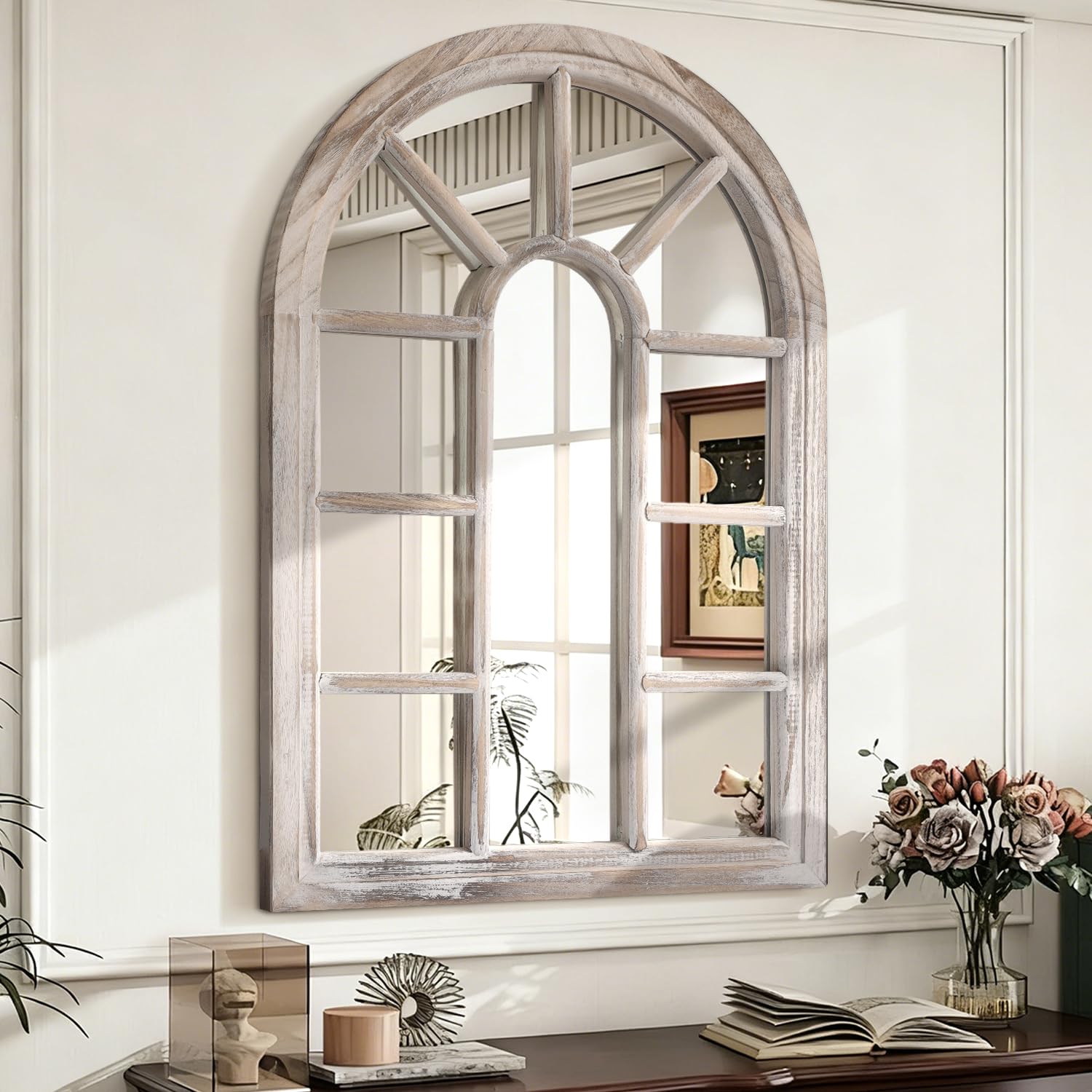Espejo de arco, espejo de pared blanco, marco de madera grande, espejos decorativos de arte moderno para sala de estar, dormitorio y entrada, 70 x 50 cm, decoración del hogar