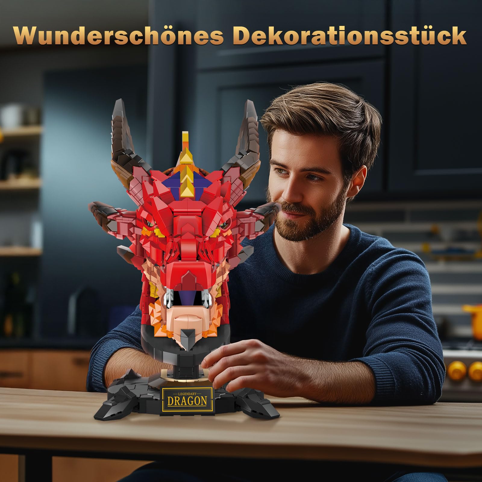 Drachenkopf Bausteine Set für Erwachsene, Roter Drache Klemmbausteine Spielzeug für Büro Heim Kunst Dekor, Geschenk für Erwachsener Jugendliche（2713 Stück）